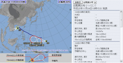 2013年台風第30号＆第29号 72時間予報 11月4日9時