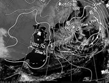 ひまわり7号可視画像・天気図合成 2015年2月13日12時JST