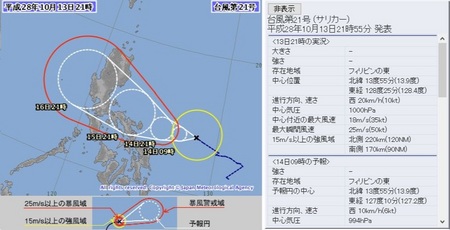 平成28年台風第21号72時間予報 10月13日21時