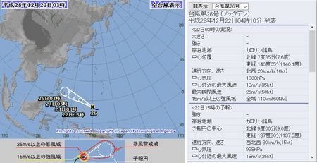 平成28年台風第26号72時間予報 12月22日3時
